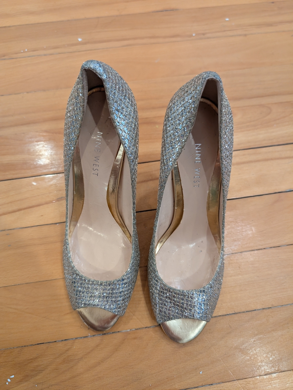 Nine West Silver Glitter Open-Toe Pumps